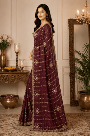 Dark Purple Embroidered Saree With Blouse Piece