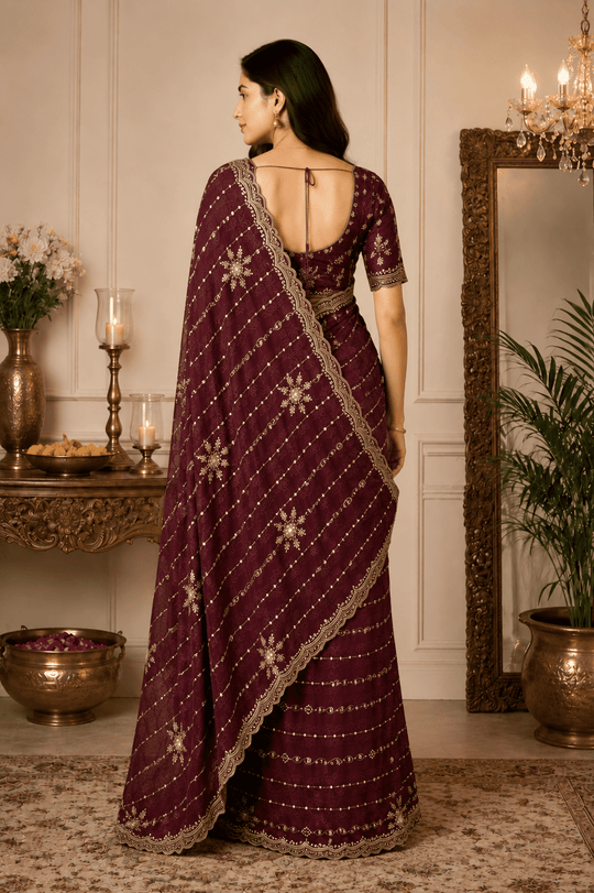 Dark Purple Embroidered Saree With Blouse Piece