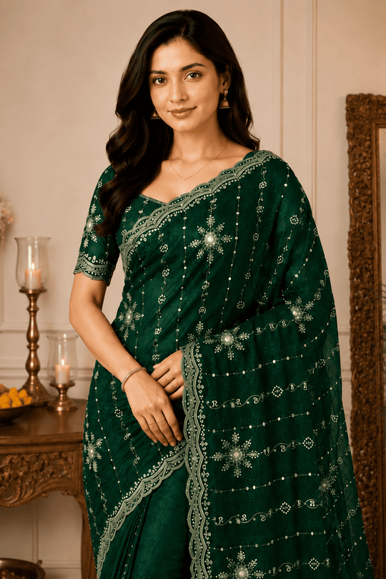 Green Embroidered Saree With Blouse Piece
