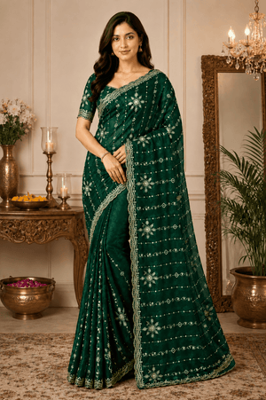 Green Embroidered Saree With Blouse Piece