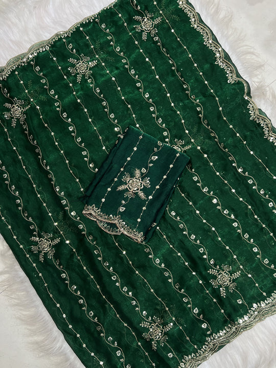 Green Embroidered Saree With Blouse Piece