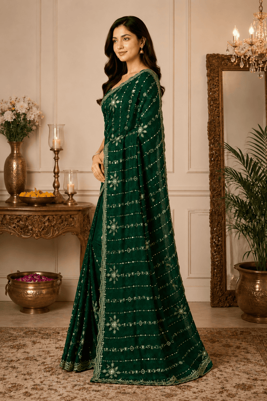 Green Embroidered Saree With Blouse Piece