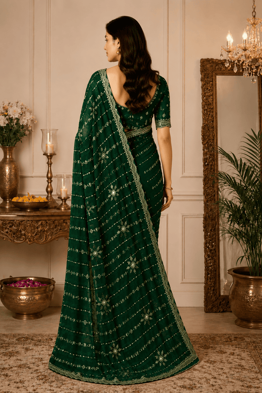 Green Embroidered Saree With Blouse Piece