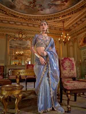 Soft Tissue Multi Thread Work Embroidered Saree