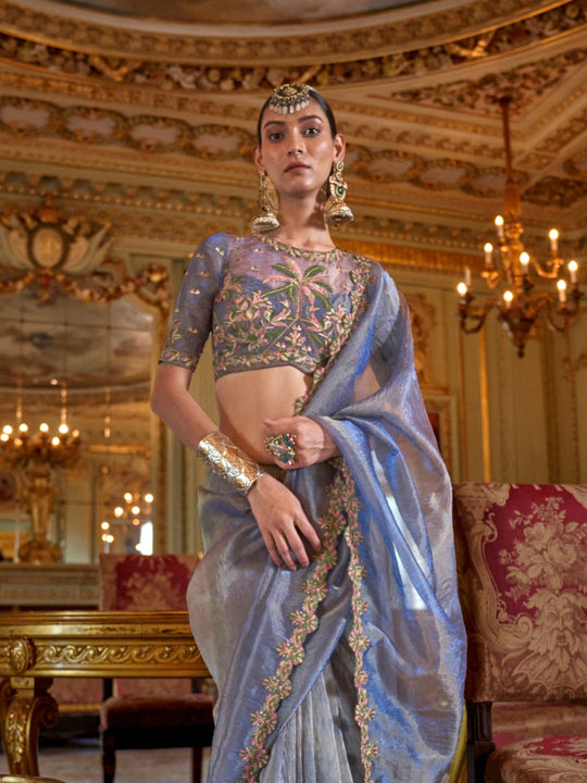 Soft Tissue Multi Thread Work Embroidered Saree