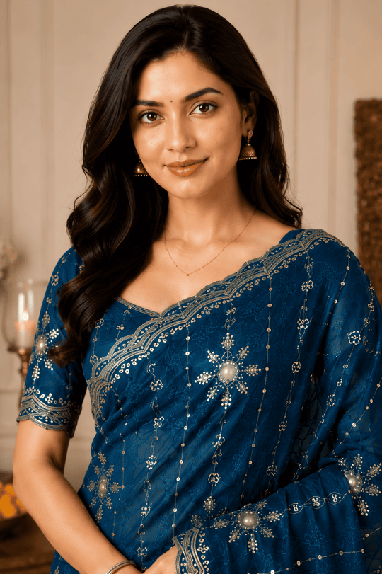 Blue Embroidered Saree With Blouse Piece