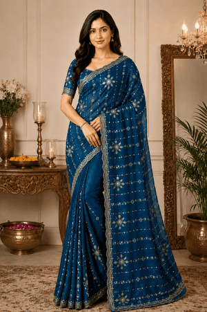 Blue Embroidered Saree With Blouse Piece