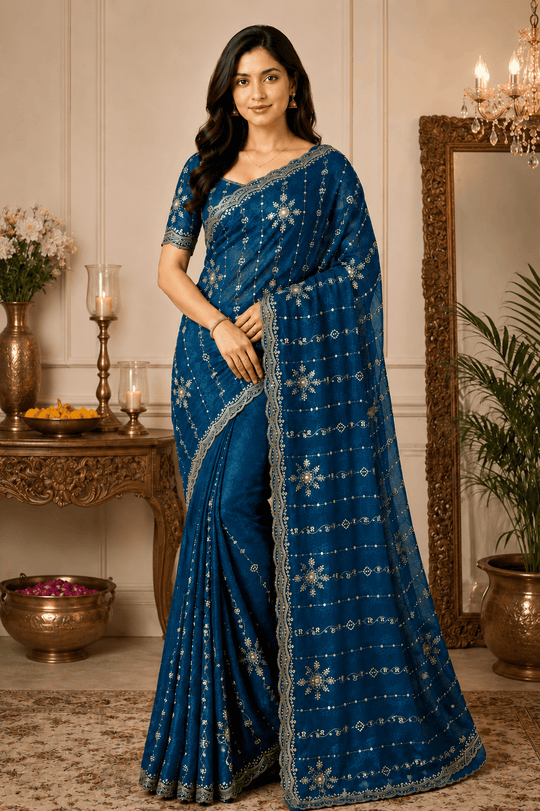 Blue Embroidered Saree With Blouse Piece