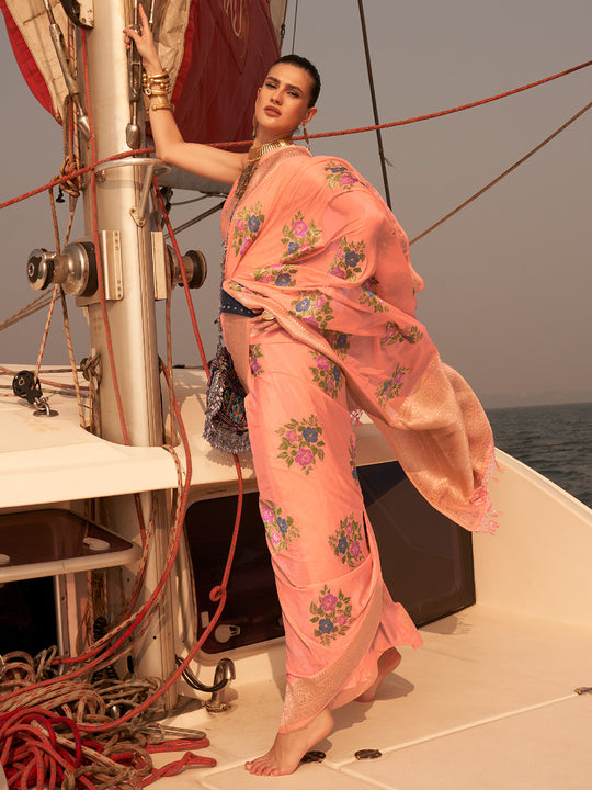 Orange Chinon Nylon Saree With Blouse Piece