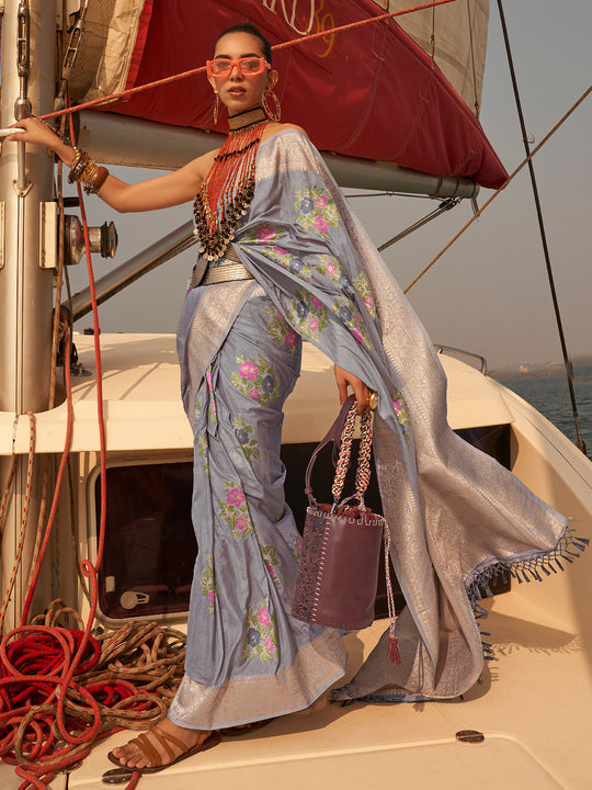 Grey Chinon Nylon Saree With Blouse Piece