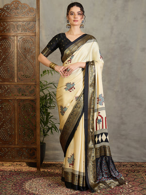 Cream Semi Modal Saree With Blouse Piece