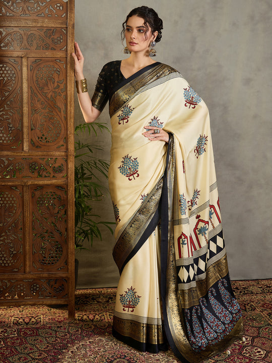 Cream Semi Modal Saree With Blouse Piece