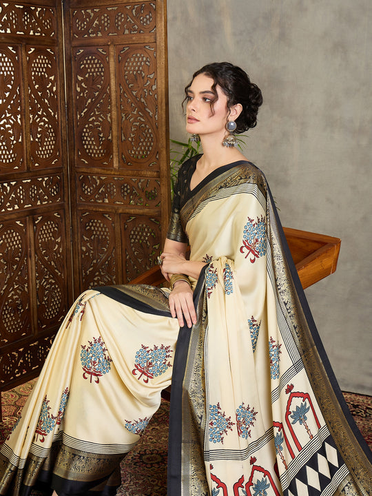 Cream Semi Modal Saree With Blouse Piece