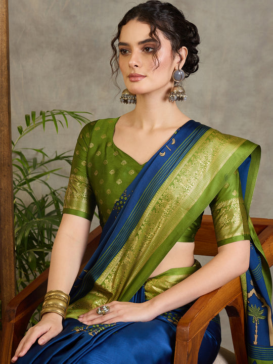 Blue Semi Modal Saree With Blouse Piece