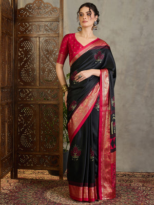 Black Semi Modal Saree With Blouse Piece