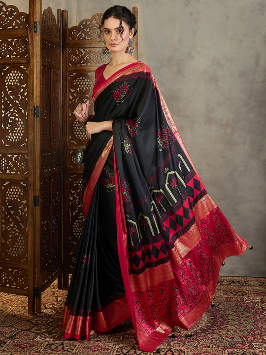 Black Semi Modal Saree With Blouse Piece