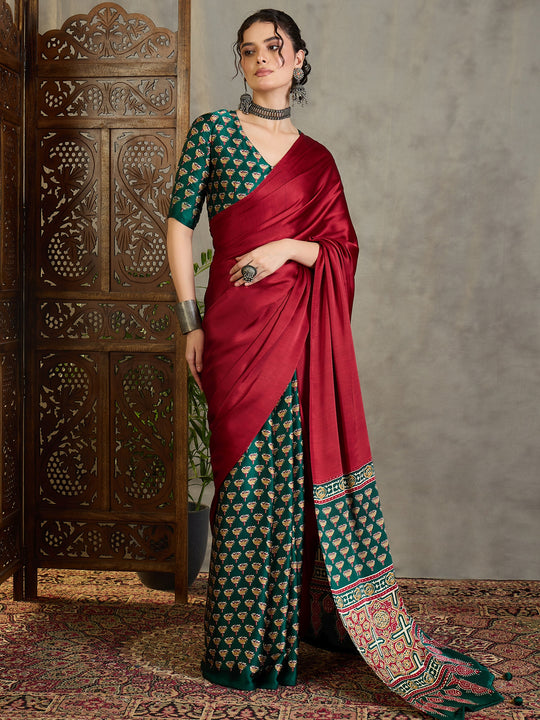 Green Semi Modal Saree With Blouse Piece