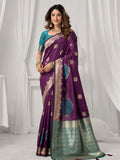Deep Purple Soft Silk Gold Zari Weaving Saree With Fancy Pumpum  Saree With Blouse Piece