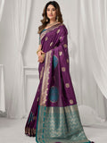 Deep Purple Soft Silk Gold Zari Weaving Saree With Fancy Pumpum  Saree With Blouse Piece