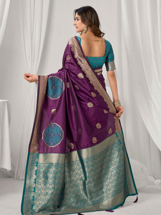 Deep Purple Soft Silk Gold Zari Weaving Saree With Fancy Pumpum  Saree With Blouse Piece