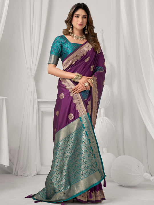 Deep Purple Soft Silk Gold Zari Weaving Saree With Fancy Pumpum  Saree With Blouse Piece