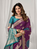 Deep Purple Soft Silk Gold Zari Weaving Saree With Fancy Pumpum  Saree With Blouse Piece