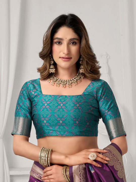 Deep Purple Soft Silk Gold Zari Weaving Saree With Fancy Pumpum  Saree With Blouse Piece