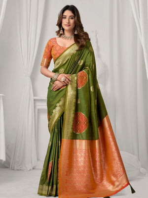 Green Soft Silk Gold Zari Weaving Saree With Fancy Pumpum  Saree With Blouse Piece