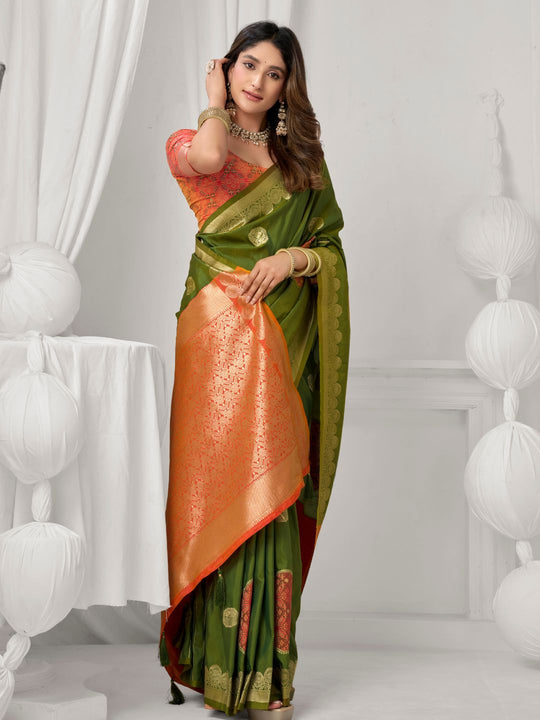 Green Soft Silk Gold Zari Weaving Saree With Fancy Pumpum  Saree With Blouse Piece