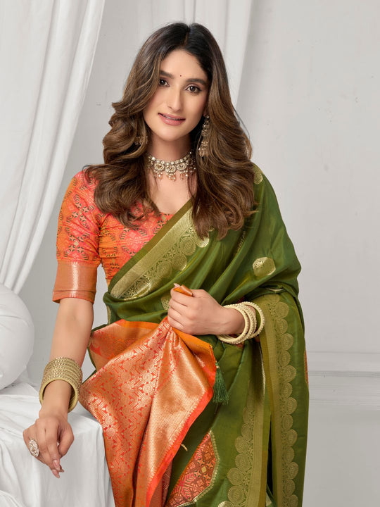 Green Soft Silk Gold Zari Weaving Saree With Fancy Pumpum  Saree With Blouse Piece