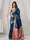 Blue Soft Silk Gold Zari Weaving Saree With Fancy Pumpum  Saree With Blouse Piece