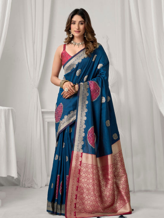 Blue Soft Silk Gold Zari Weaving Saree With Fancy Pumpum  Saree With Blouse Piece