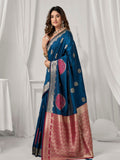 Blue Soft Silk Gold Zari Weaving Saree With Fancy Pumpum  Saree With Blouse Piece