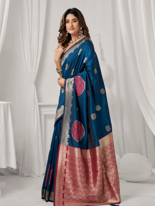 Blue Soft Silk Gold Zari Weaving Saree With Fancy Pumpum  Saree With Blouse Piece
