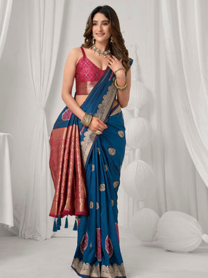 Blue Soft Silk Gold Zari Weaving Saree With Fancy Pumpum  Saree With Blouse Piece