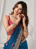 Blue Soft Silk Gold Zari Weaving Saree With Fancy Pumpum  Saree With Blouse Piece