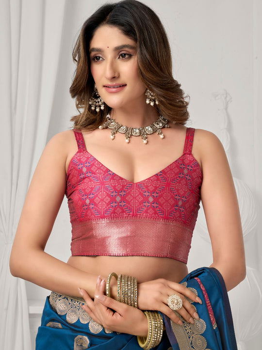 Blue Soft Silk Gold Zari Weaving Saree With Fancy Pumpum  Saree With Blouse Piece