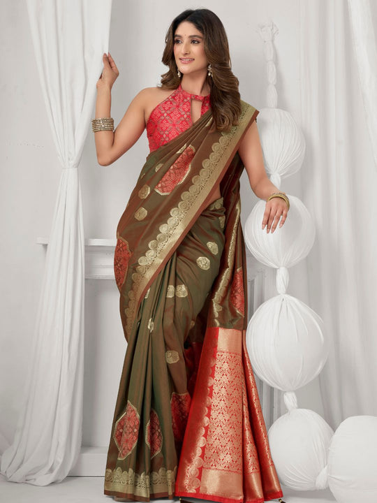 Brown Soft Silk Gold Zari Weaving Saree With Fancy Pumpum  Saree With Blouse Piece