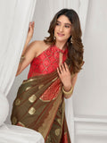 Brown Soft Silk Gold Zari Weaving Saree With Fancy Pumpum  Saree With Blouse Piece