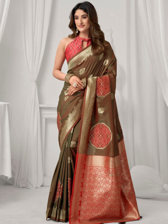 Brown Soft Silk Gold Zari Weaving Saree With Fancy Pumpum  Saree With Blouse Piece