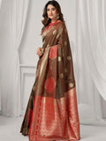 Brown Soft Silk Gold Zari Weaving Saree With Fancy Pumpum  Saree With Blouse Piece