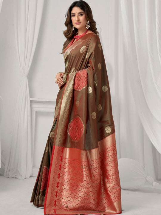Brown Soft Silk Gold Zari Weaving Saree With Fancy Pumpum  Saree With Blouse Piece