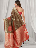 Brown Soft Silk Gold Zari Weaving Saree With Fancy Pumpum  Saree With Blouse Piece