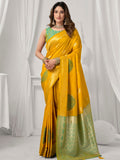 Yellow Soft Silk Gold Zari Weaving Saree With Fancy Pumpum  Saree With Blouse Piece