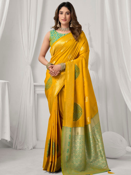 Yellow Soft Silk Gold Zari Weaving Saree With Fancy Pumpum  Saree With Blouse Piece