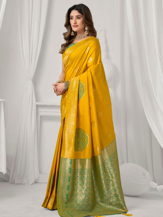 Yellow Soft Silk Gold Zari Weaving Saree With Fancy Pumpum  Saree With Blouse Piece