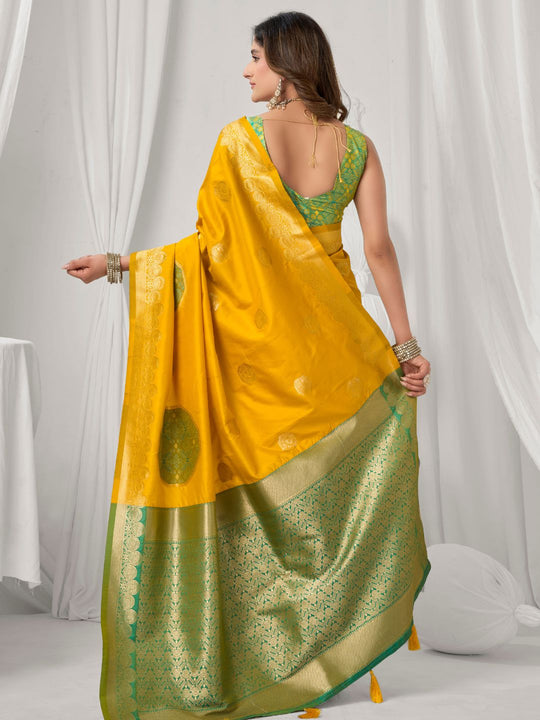 Yellow Soft Silk Gold Zari Weaving Saree With Fancy Pumpum  Saree With Blouse Piece