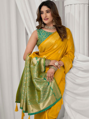 Yellow Soft Silk Gold Zari Weaving Saree With Fancy Pumpum  Saree With Blouse Piece