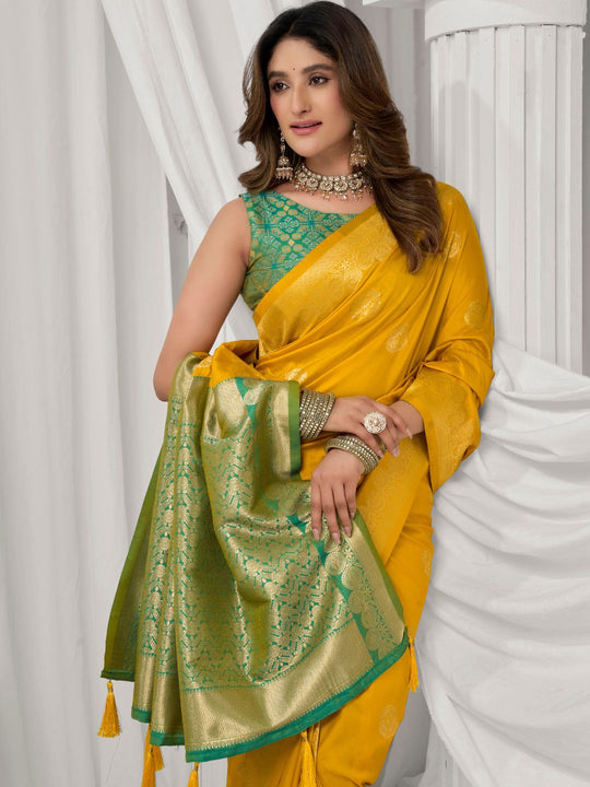 Yellow Soft Silk Gold Zari Weaving Saree With Fancy Pumpum  Saree With Blouse Piece