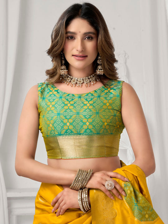 Yellow Soft Silk Gold Zari Weaving Saree With Fancy Pumpum  Saree With Blouse Piece